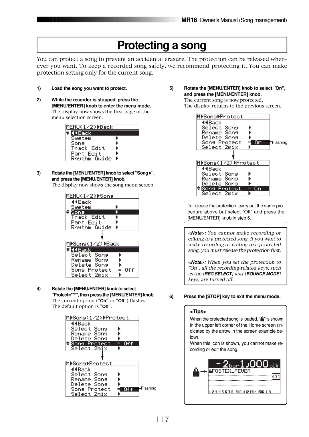 Fostex MR16 owner manual Protecting a song, 117, Tips 