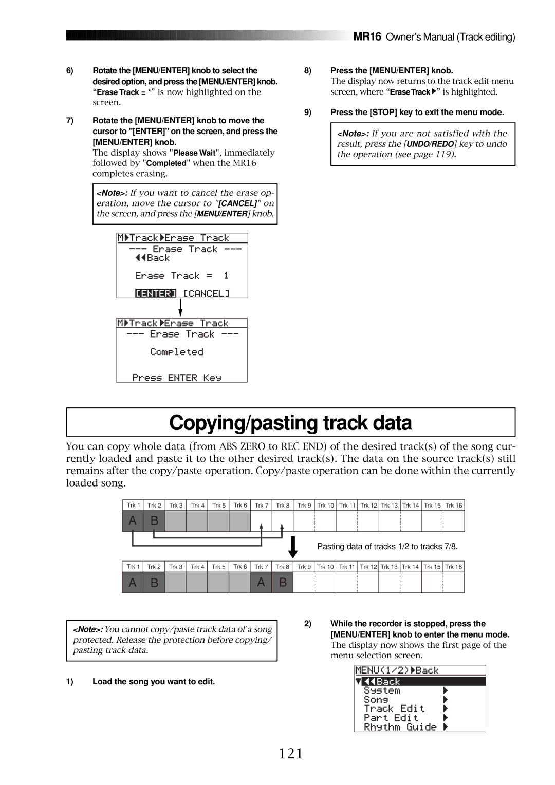 Fostex MR16 owner manual Copying/pasting track data, 121, Load the song you want to edit 