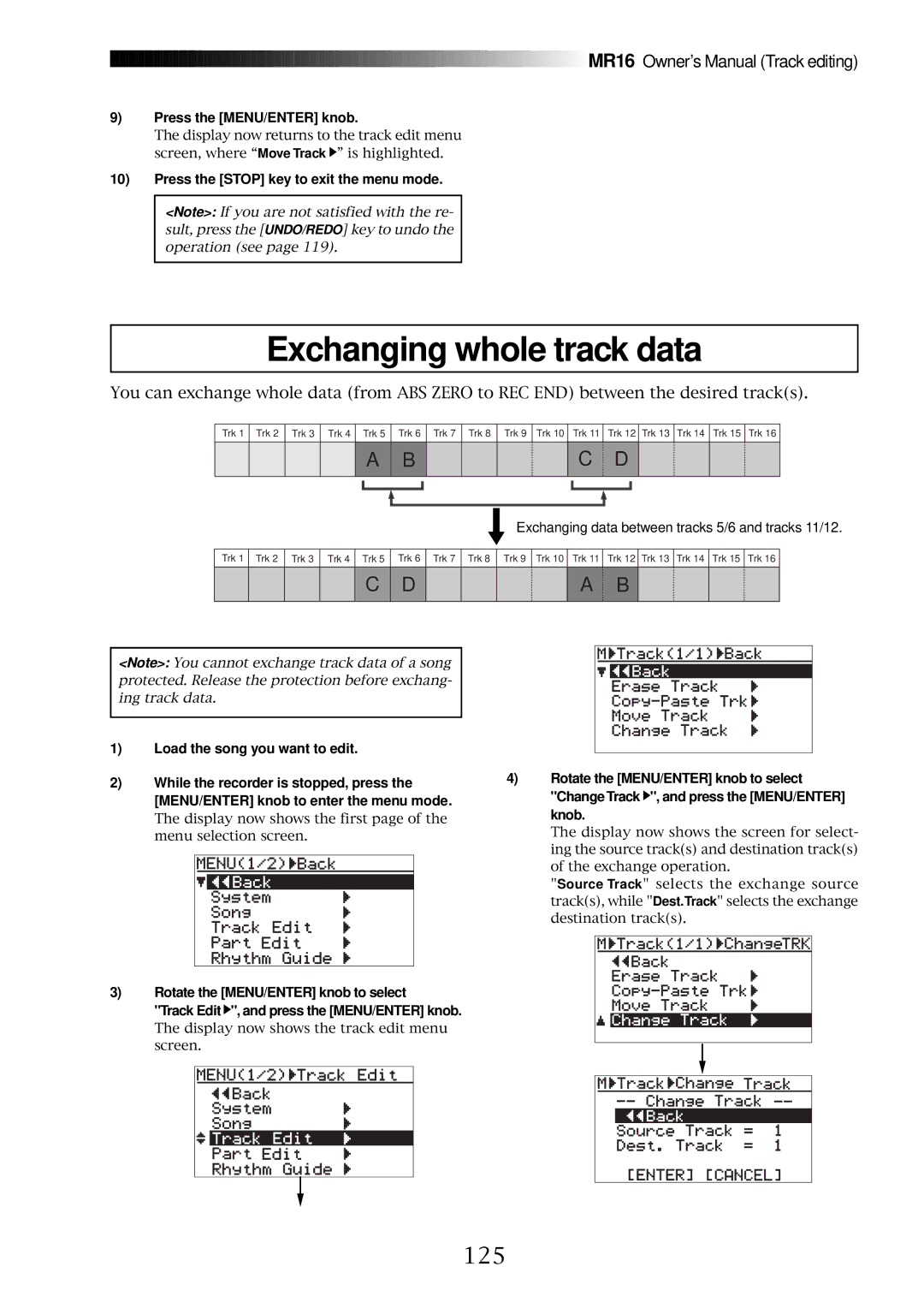 Fostex MR16 owner manual Exchanging whole track data, 125 