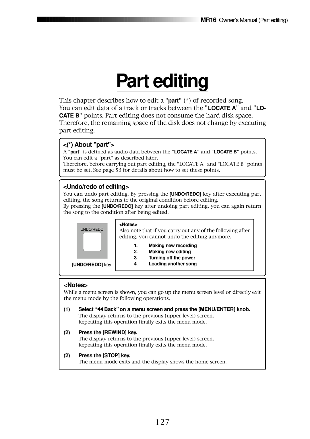 Fostex MR16 owner manual Part editing, 127, About part, Undo/redo of editing, UNDO/REDO key 