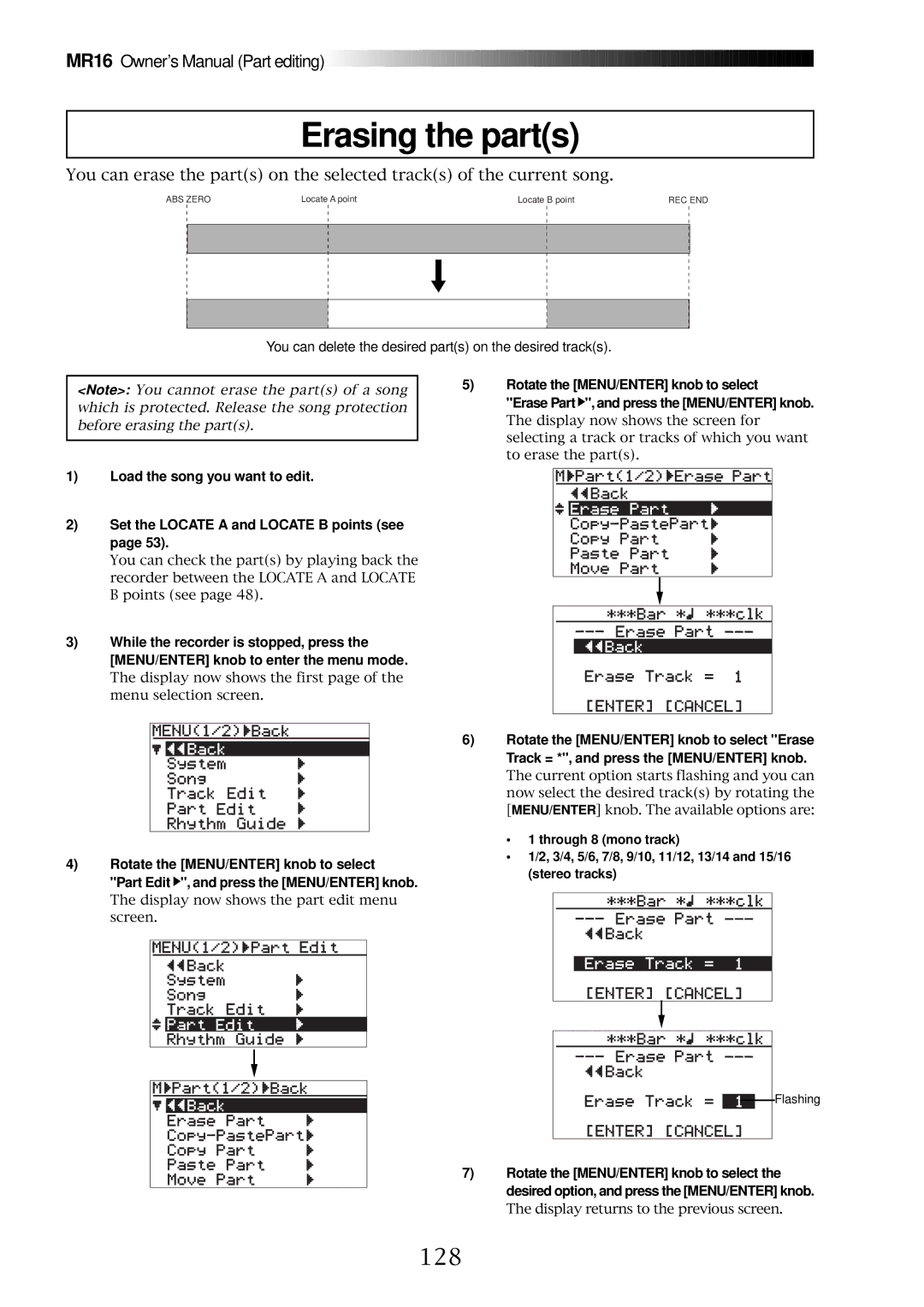 Fostex MR16 owner manual Erasing the parts, 128 