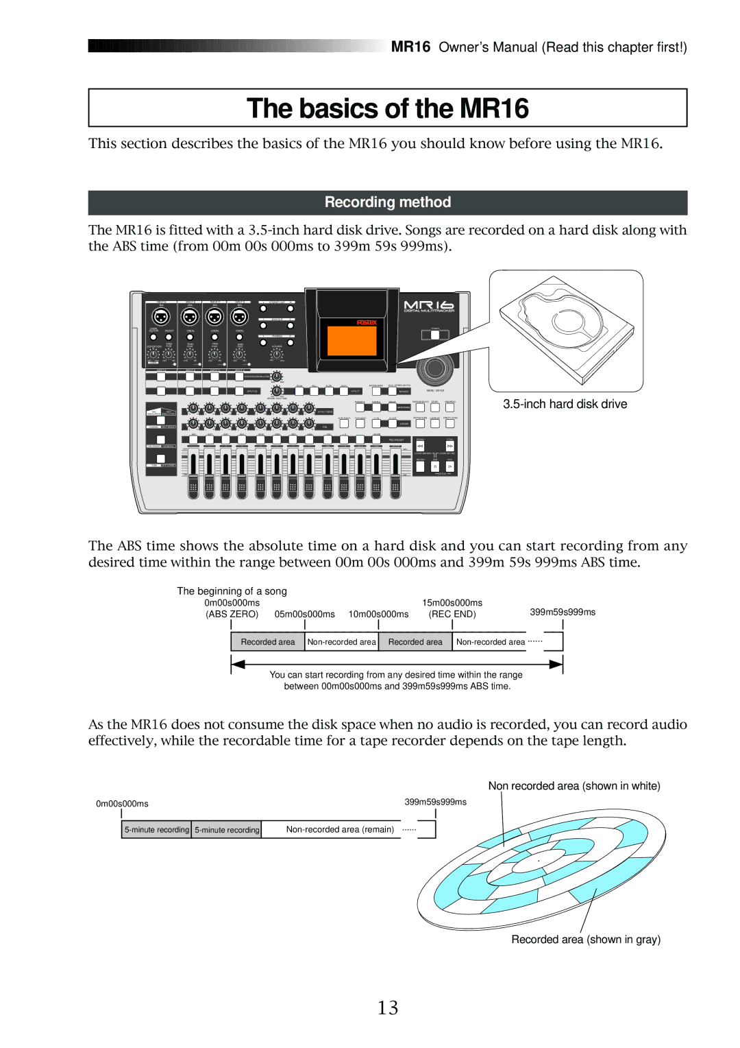 Fostex owner manual Basics of the MR16, Recording method 