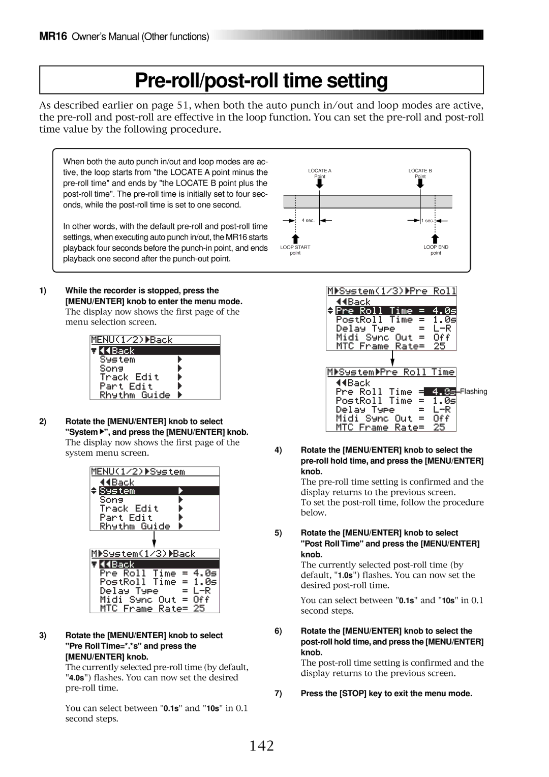 Fostex MR16 owner manual Pre-roll/post-roll time setting, 142, Pre-roll hold time, and press the MENU/ENTER knob 