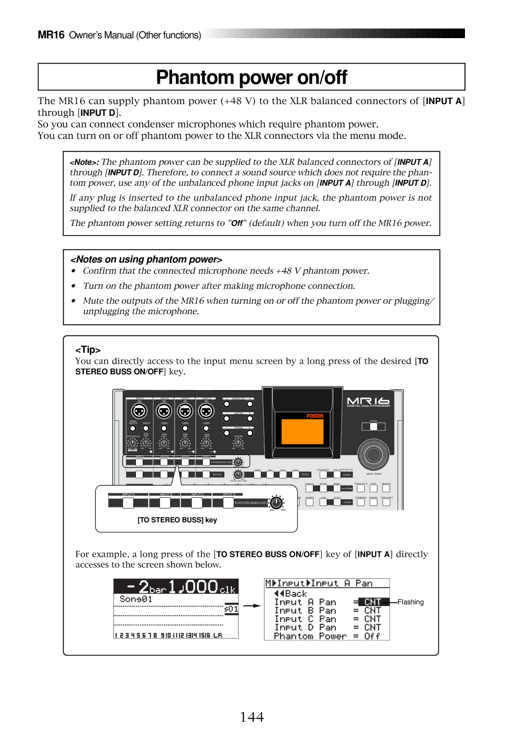 Fostex MR16 owner manual Phantom power on/off, 144, Tip 