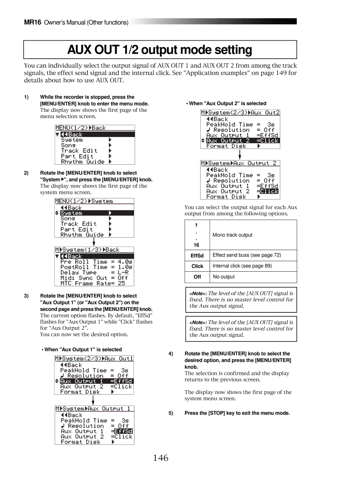 Fostex MR16 owner manual AUX OUT 1/2 output mode setting, 146, Mono track output 