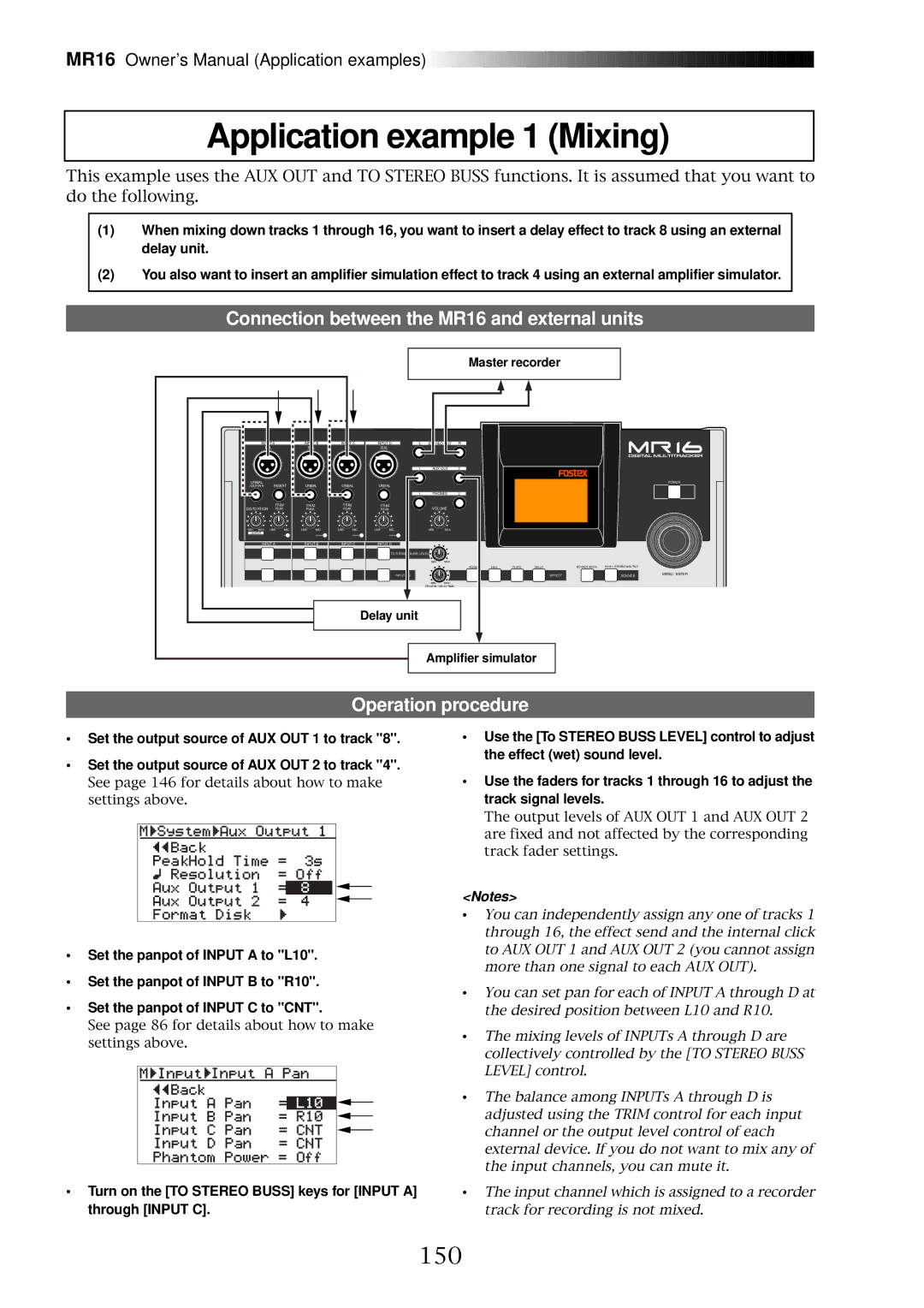 Fostex Application example 1 Mixing, 150, Connection between the MR16 and external units, Operation procedure 