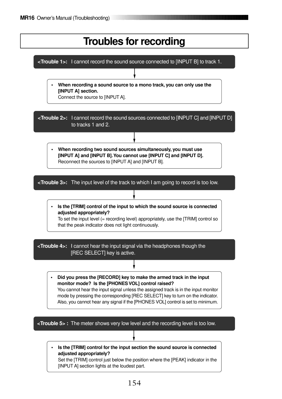 Fostex MR16 owner manual Troubles for recording, 154 