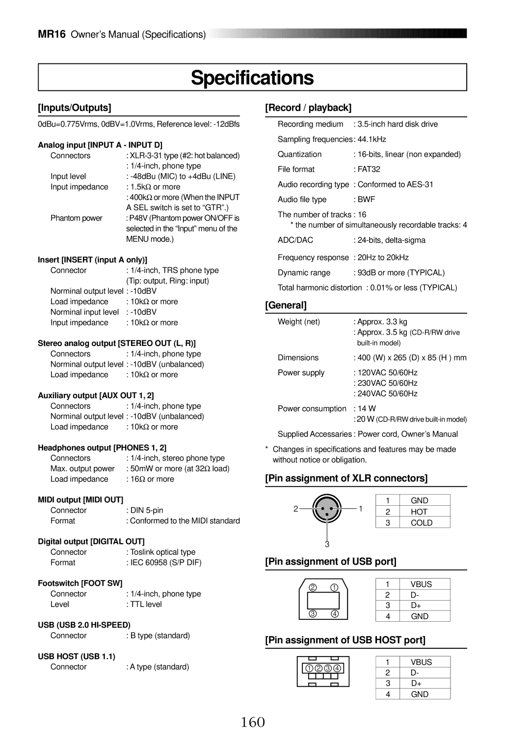 Fostex MR16 owner manual Specifications, 160 