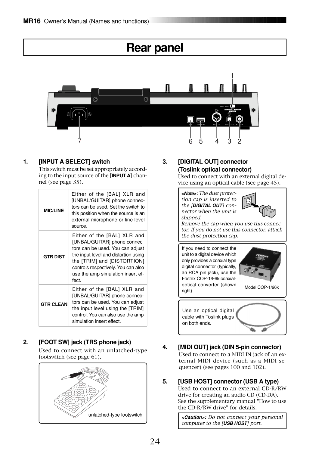 Fostex MR16 owner manual Rear panel 