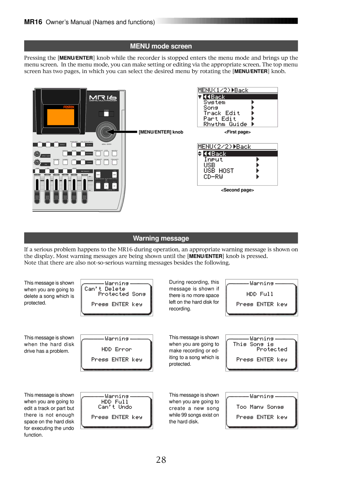 Fostex MR16 owner manual Menu mode screen, First 