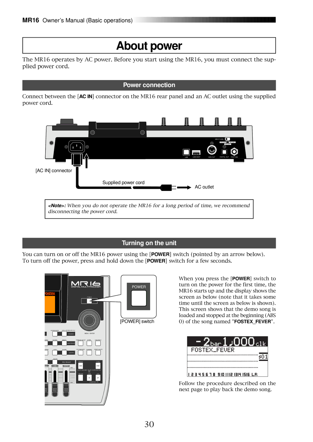 Fostex MR16 owner manual About power, Power connection, Turning on the unit 