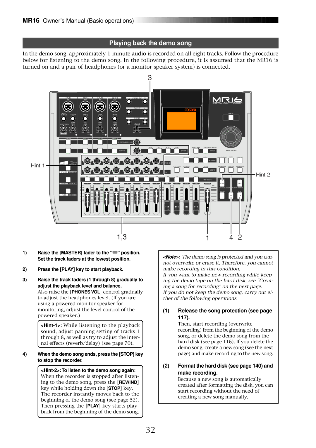 Fostex MR16 Playing back the demo song, Release the song protection see 117, Hint-2 To listen to the demo song again 