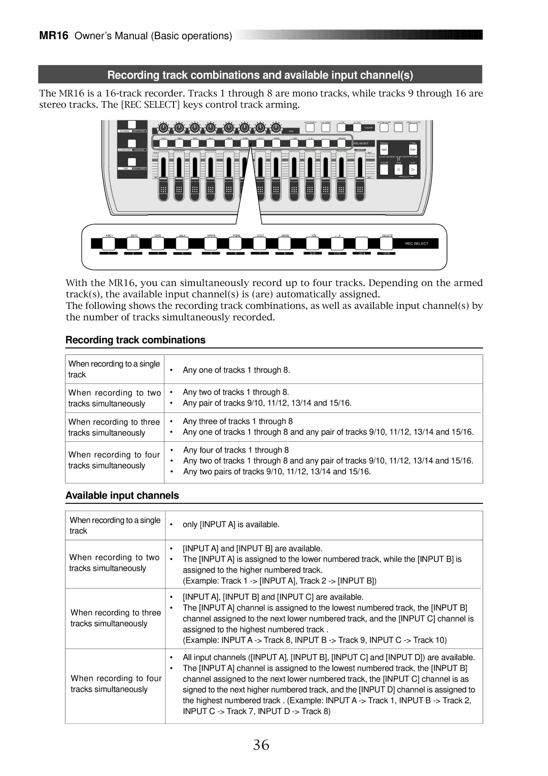 Fostex MR16 owner manual Recording track combinations and available input channels, Available input channels 