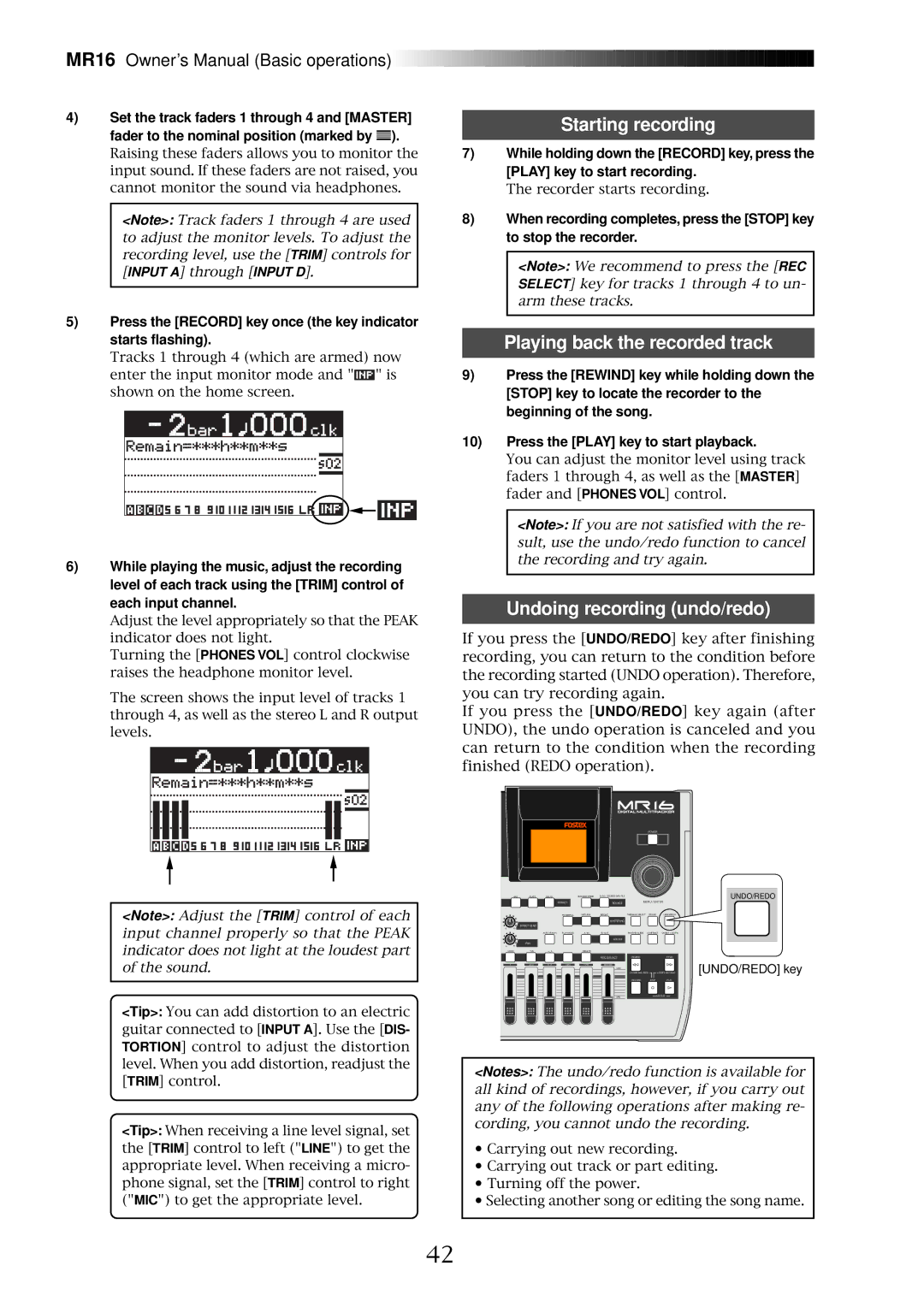 Fostex MR16 owner manual Set the track faders 1 through 4 and Master, Fader to the nominal position marked by 