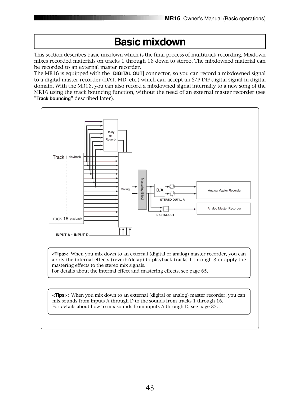 Fostex MR16 owner manual Basic mixdown, Track 16 playback 