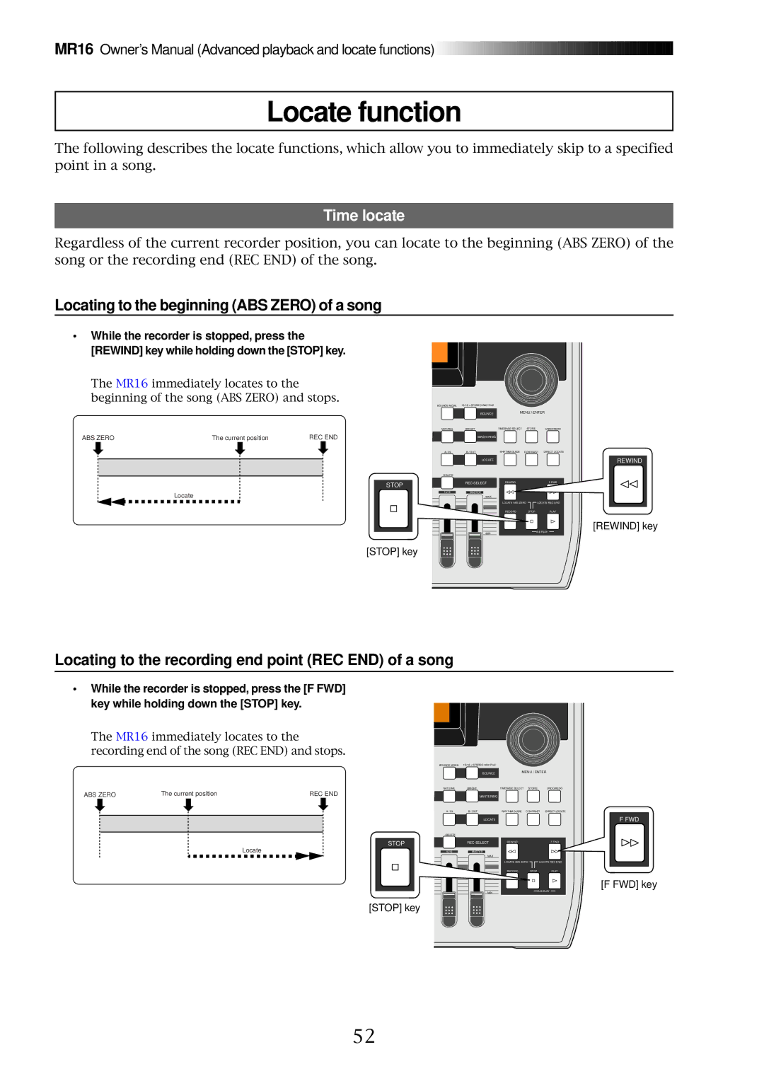 Fostex MR16 owner manual Locate function, Time locate, Locating to the beginning ABS Zero of a song 