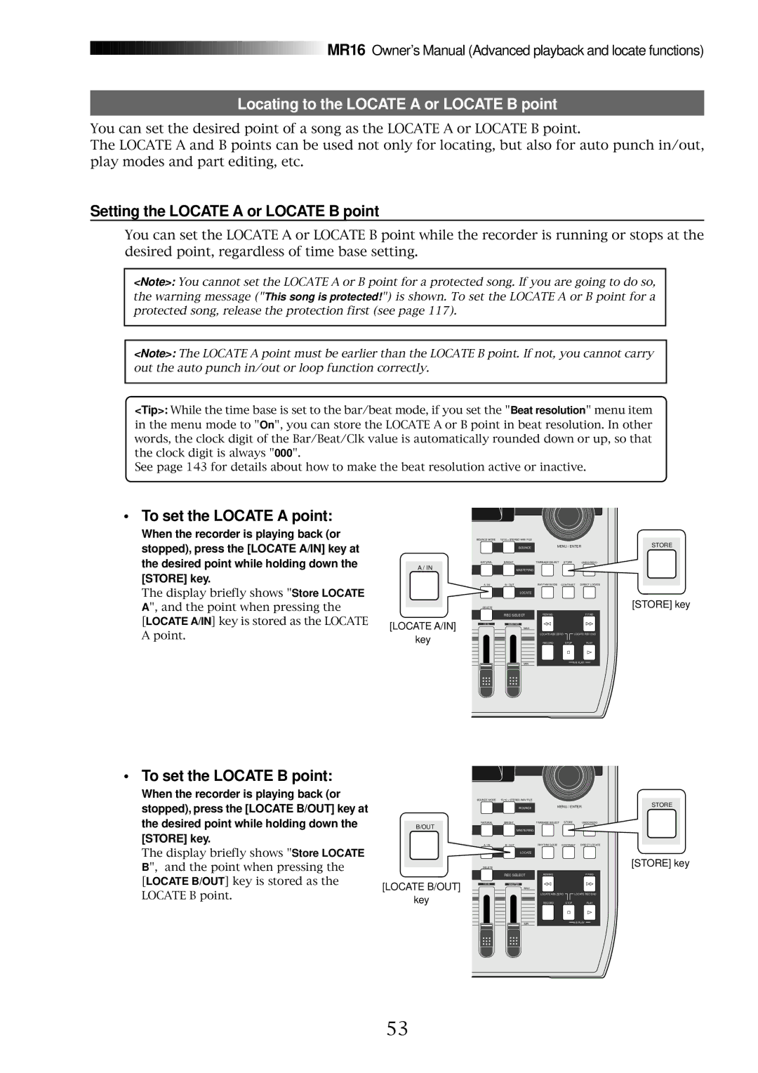 Fostex MR16 Locating to the Locate a or Locate B point, Setting the Locate a or Locate B point, To set the Locate a point 