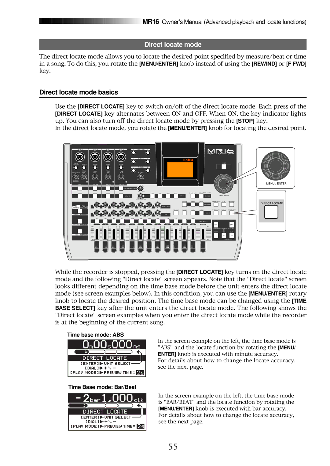 Fostex MR16 owner manual Direct locate mode basics, Time base mode ABS, Time Base mode Bar/Beat 