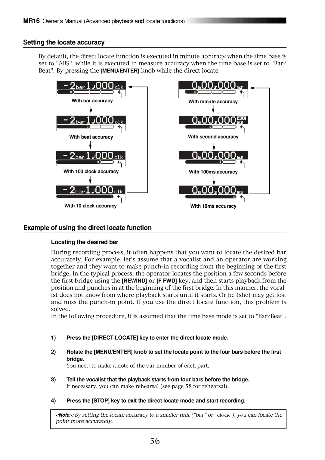 Fostex MR16 owner manual Setting the locate accuracy, Example of using the direct locate function, Locating the desired bar 