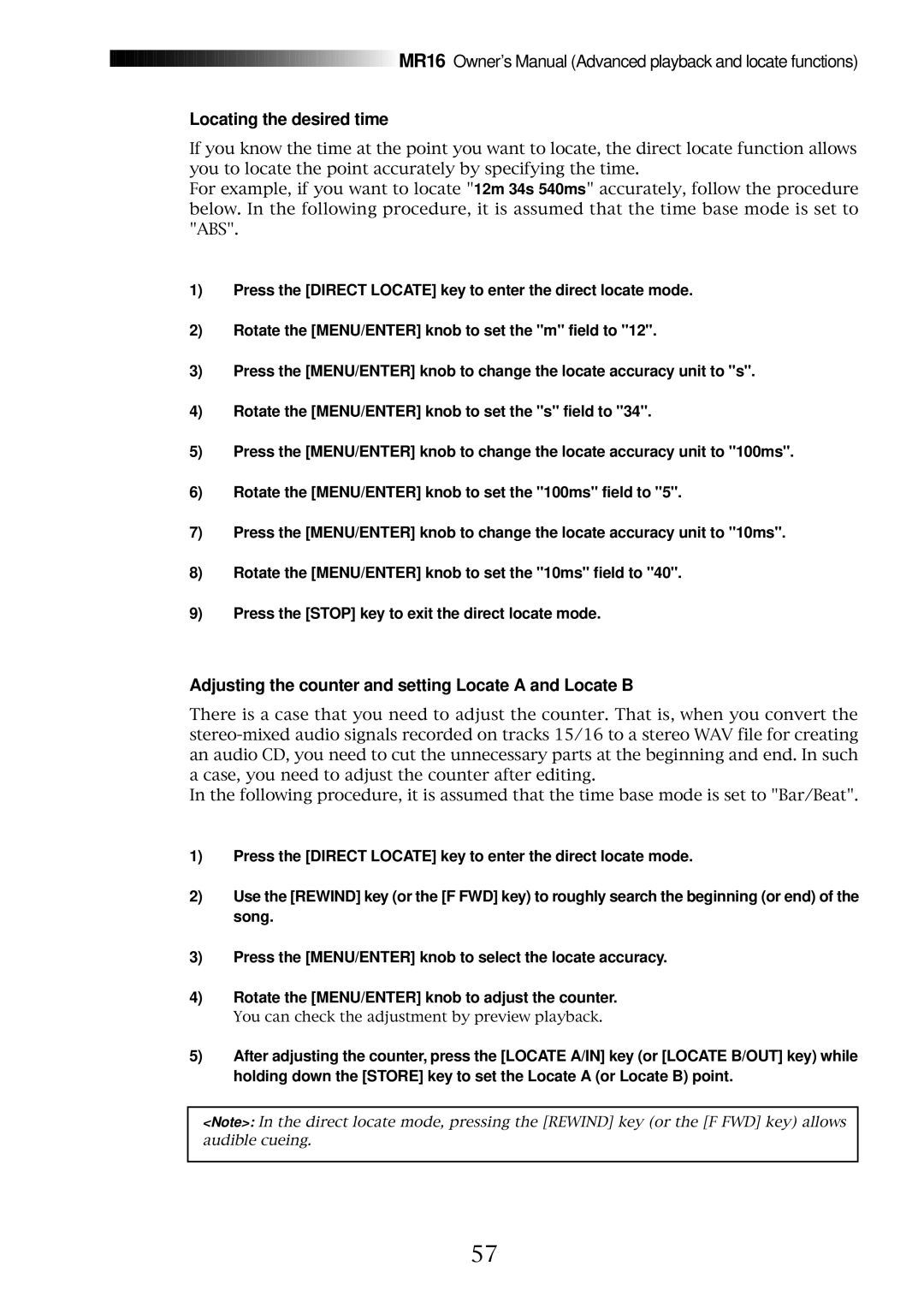 Fostex MR16 owner manual Locating the desired time, Adjusting the counter and setting Locate a and Locate B 