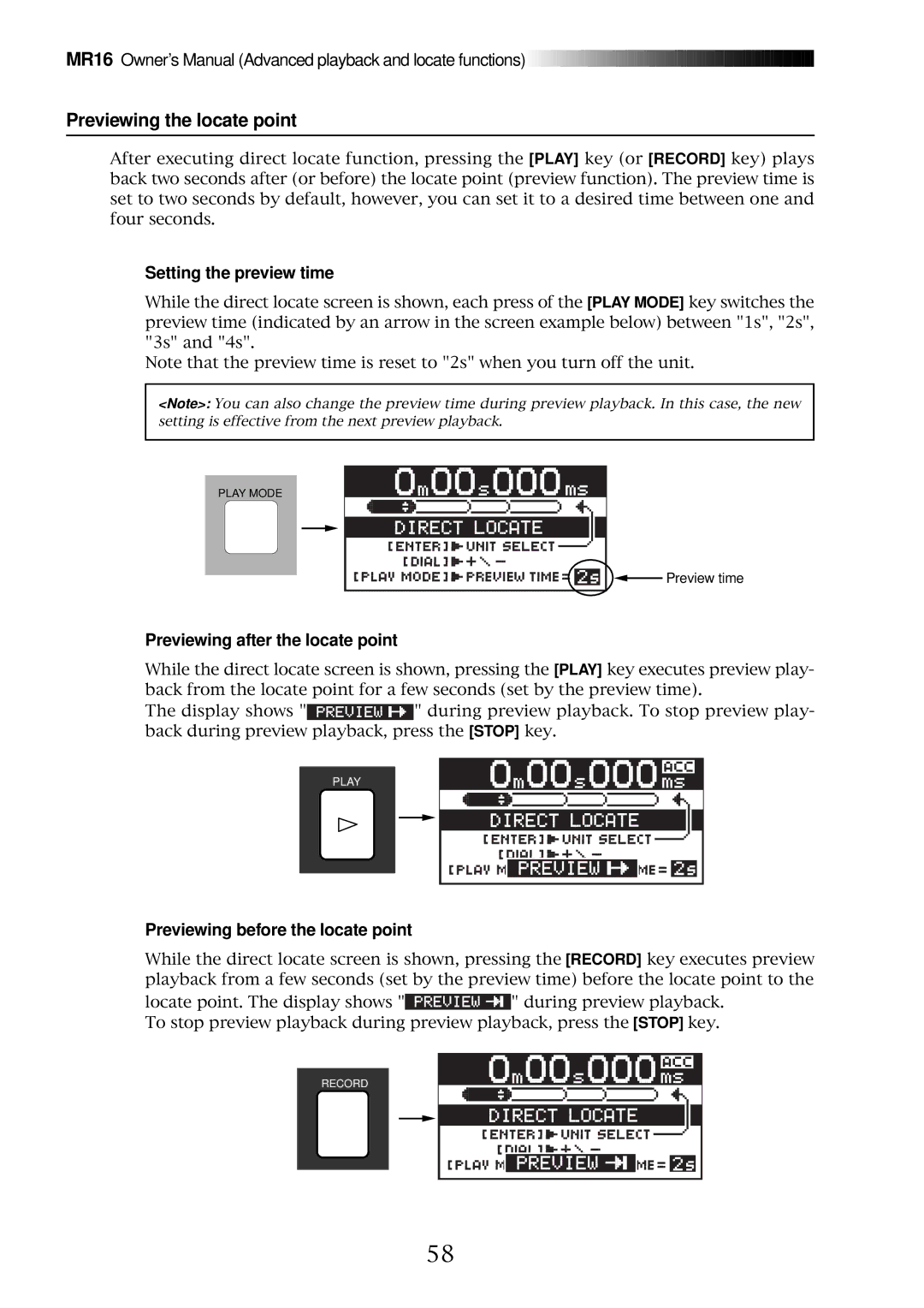 Fostex MR16 owner manual Previewing the locate point, Setting the preview time, Previewing after the locate point 