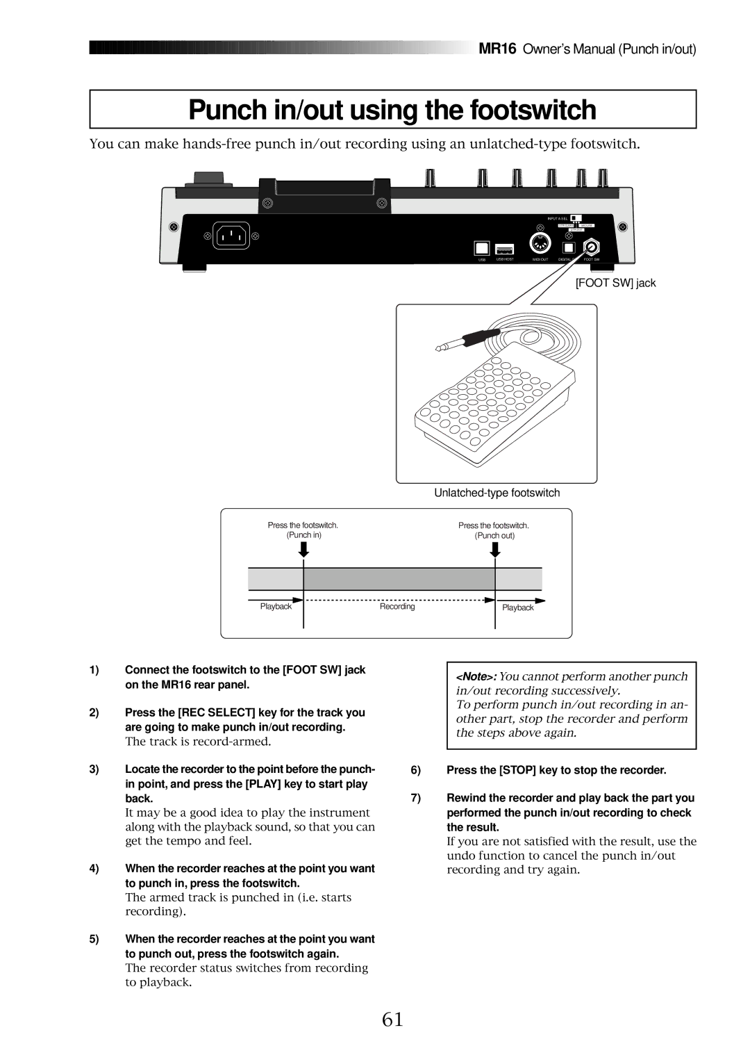 Fostex MR16 owner manual Punch in/out using the footswitch 