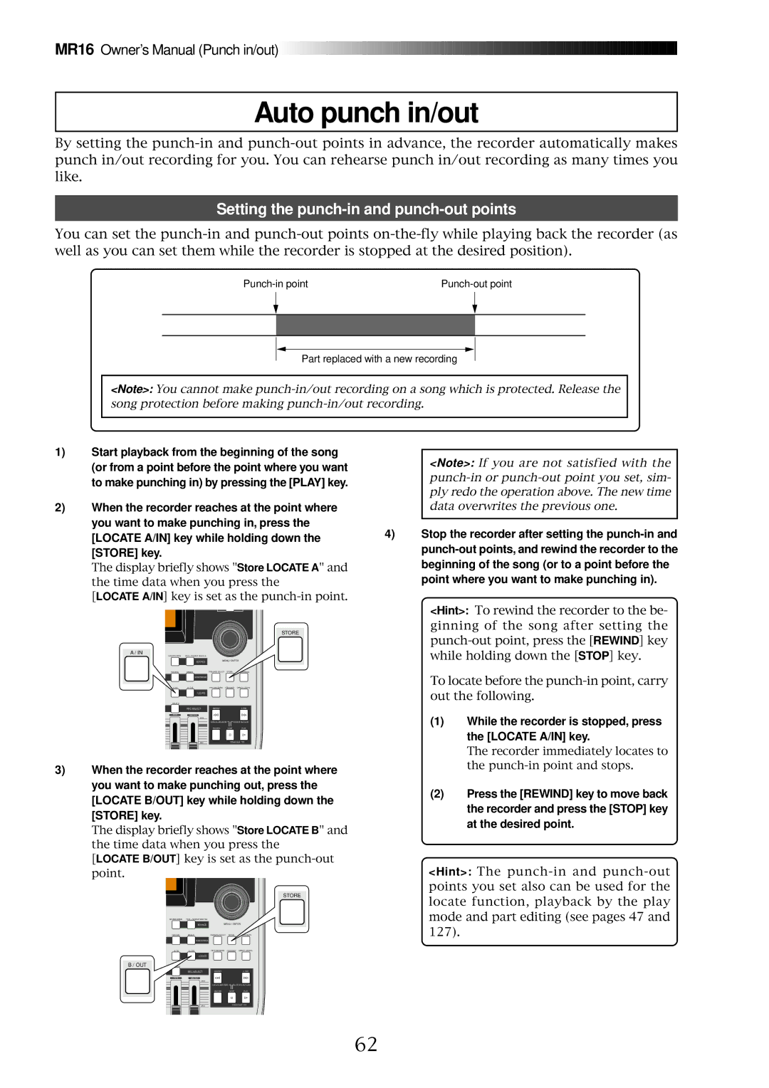 Fostex MR16 owner manual Auto punch in/out, Setting the punch-in and punch-out points 