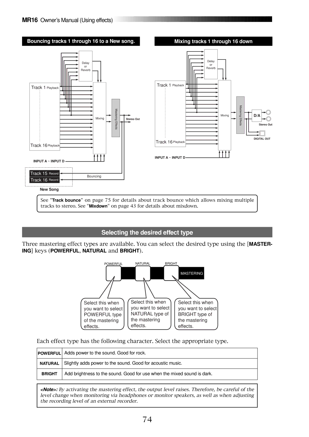 Fostex MR16 owner manual Selecting the desired effect type, Track 16 Record 