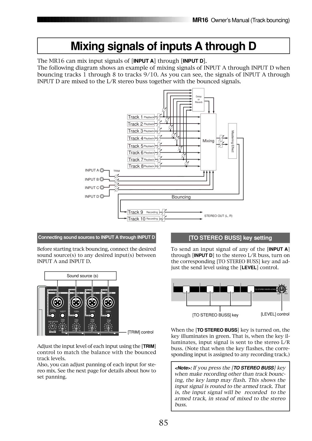 Fostex MR16 owner manual Mixing signals of inputs a through D, Connecting sound sources to Input a through Input D 