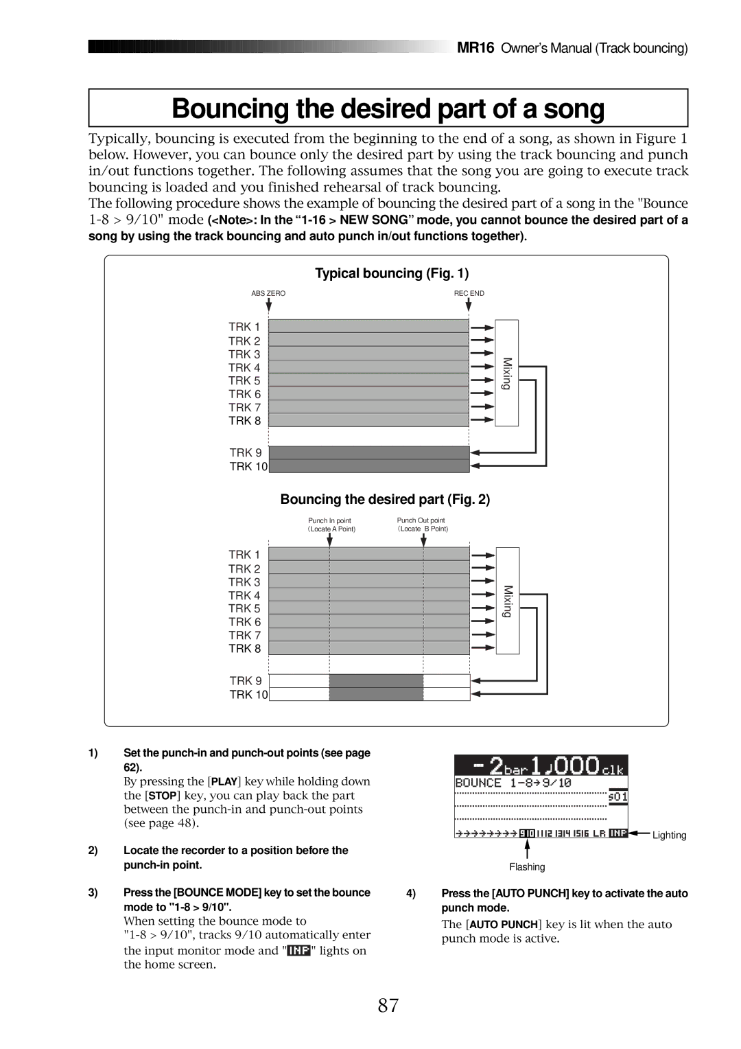 Fostex MR16 owner manual Bouncing the desired part of a song, Typical bouncing Fig, Bouncing the desired part Fig 