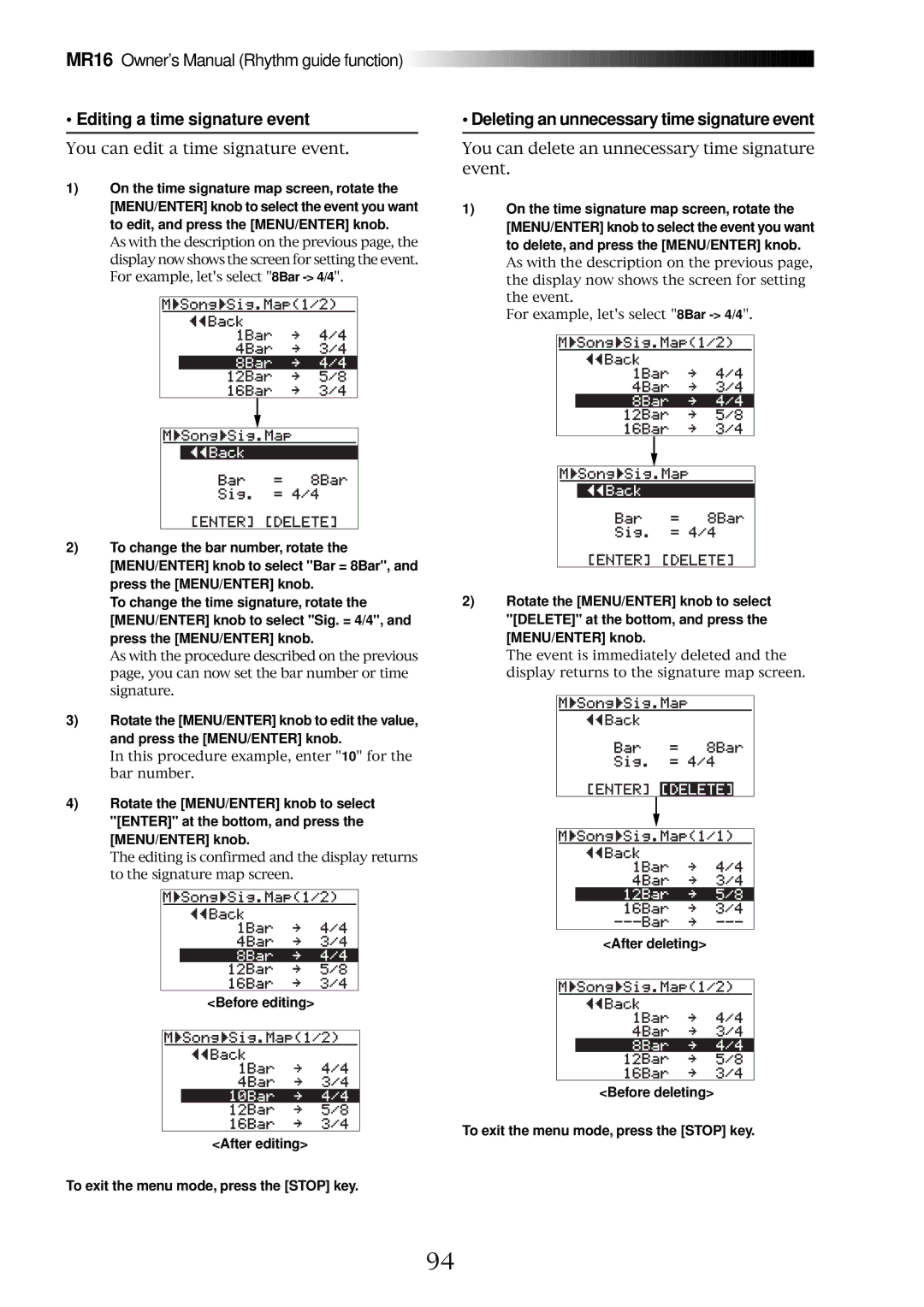 Fostex MR16 owner manual Editing a time signature event, Deleting an unnecessary time signature event, After deleting 
