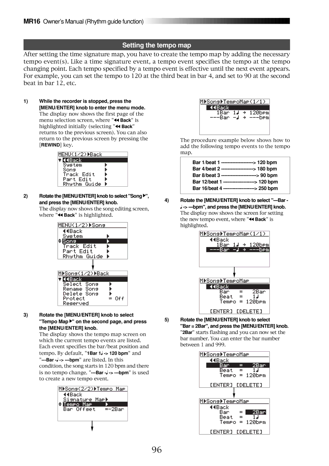 Fostex MR16 owner manual Setting the tempo map, 120 bpm, 180 bpm 