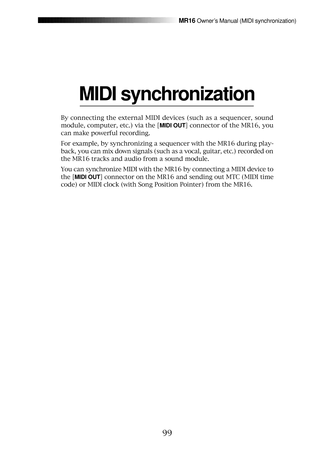 Fostex MR16 owner manual Midi synchronization 