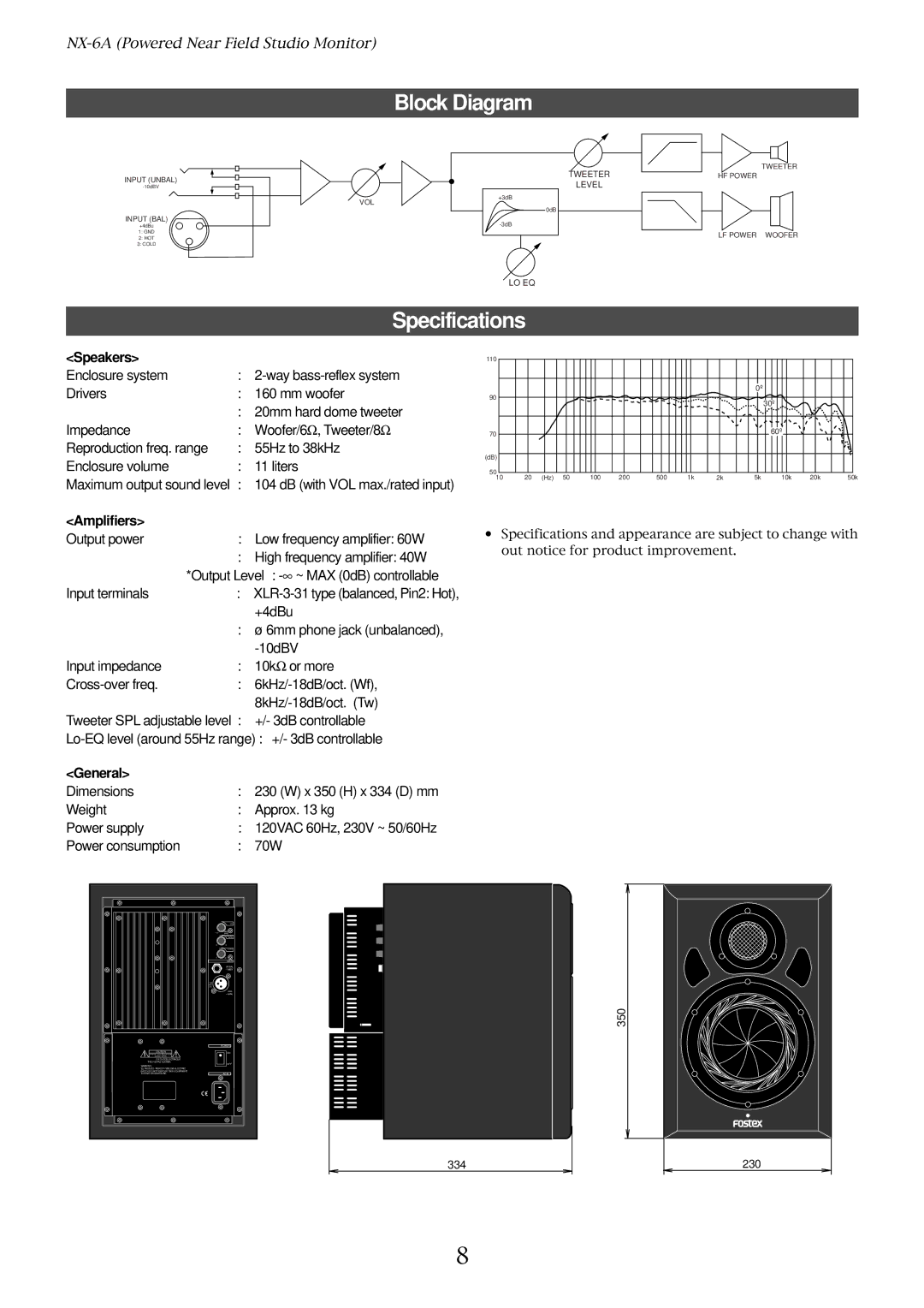 Fostex NX-6A owner manual Block Diagram, Specifications, Speakers, Amplifiers, General 