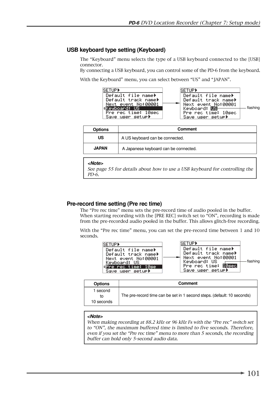 Fostex PD-6 operation manual 101, USB keyboard type setting Keyboard, Pre-record time setting Pre rec time, Japan 