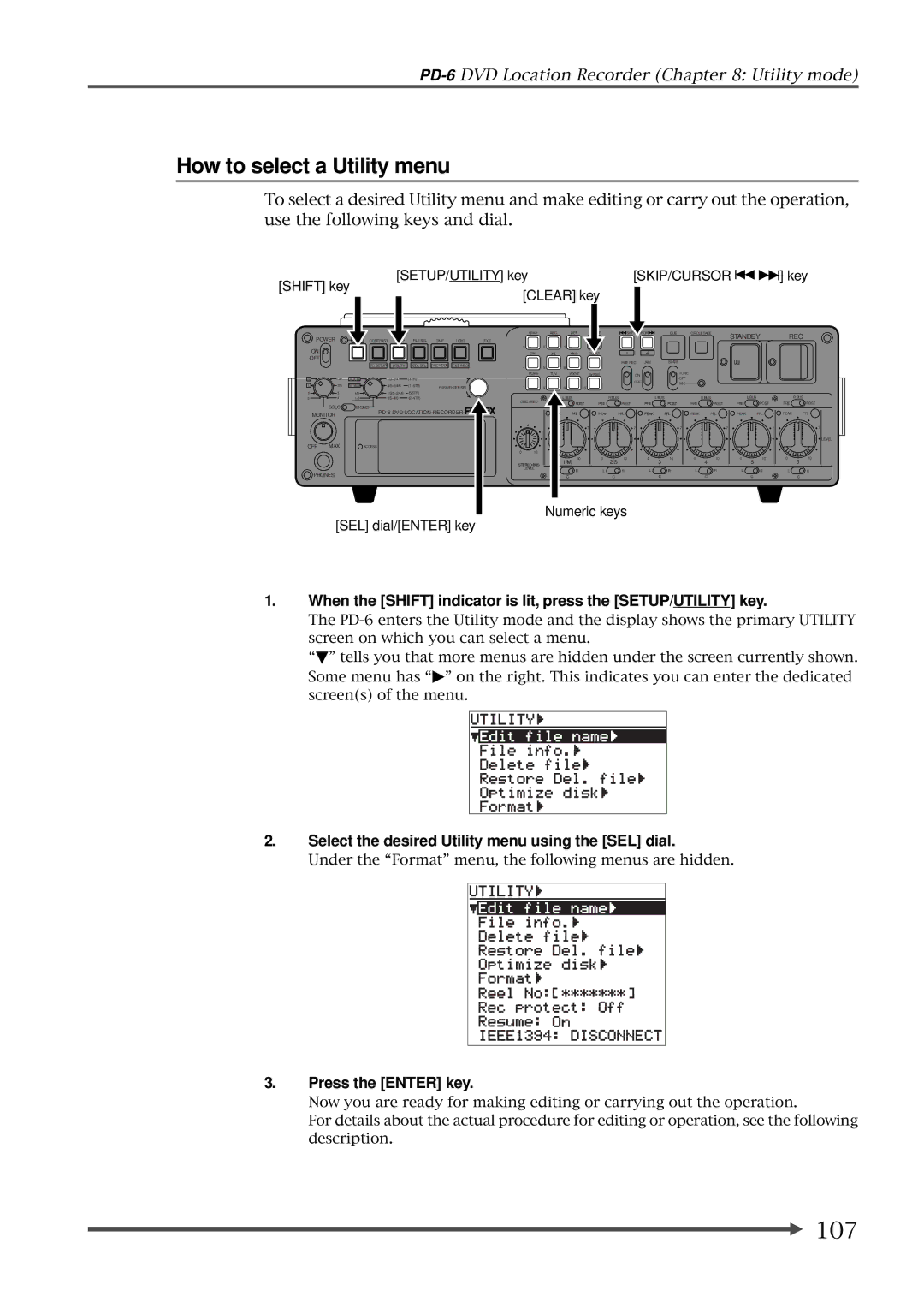 Fostex PD-6 operation manual How to select a Utility menu, 107, Select the desired Utility menu using the SEL dial 