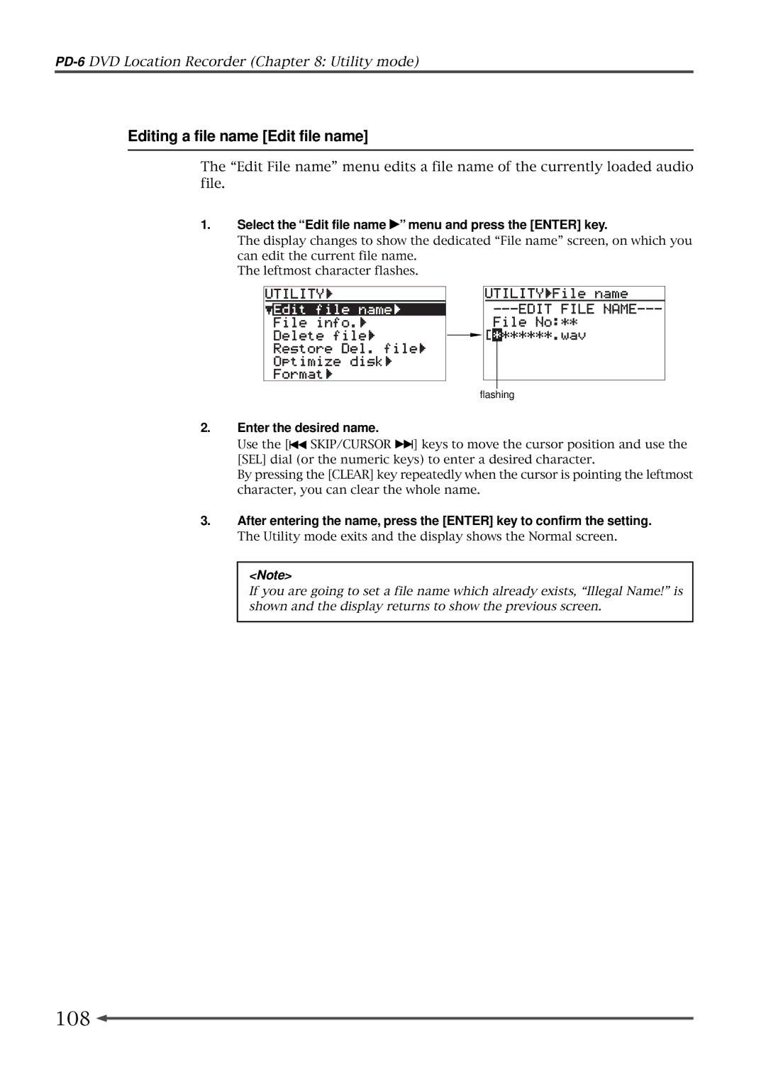 Fostex PD-6 108, Editing a file name Edit file name, Select the Edit file name menu and press the Enter key 