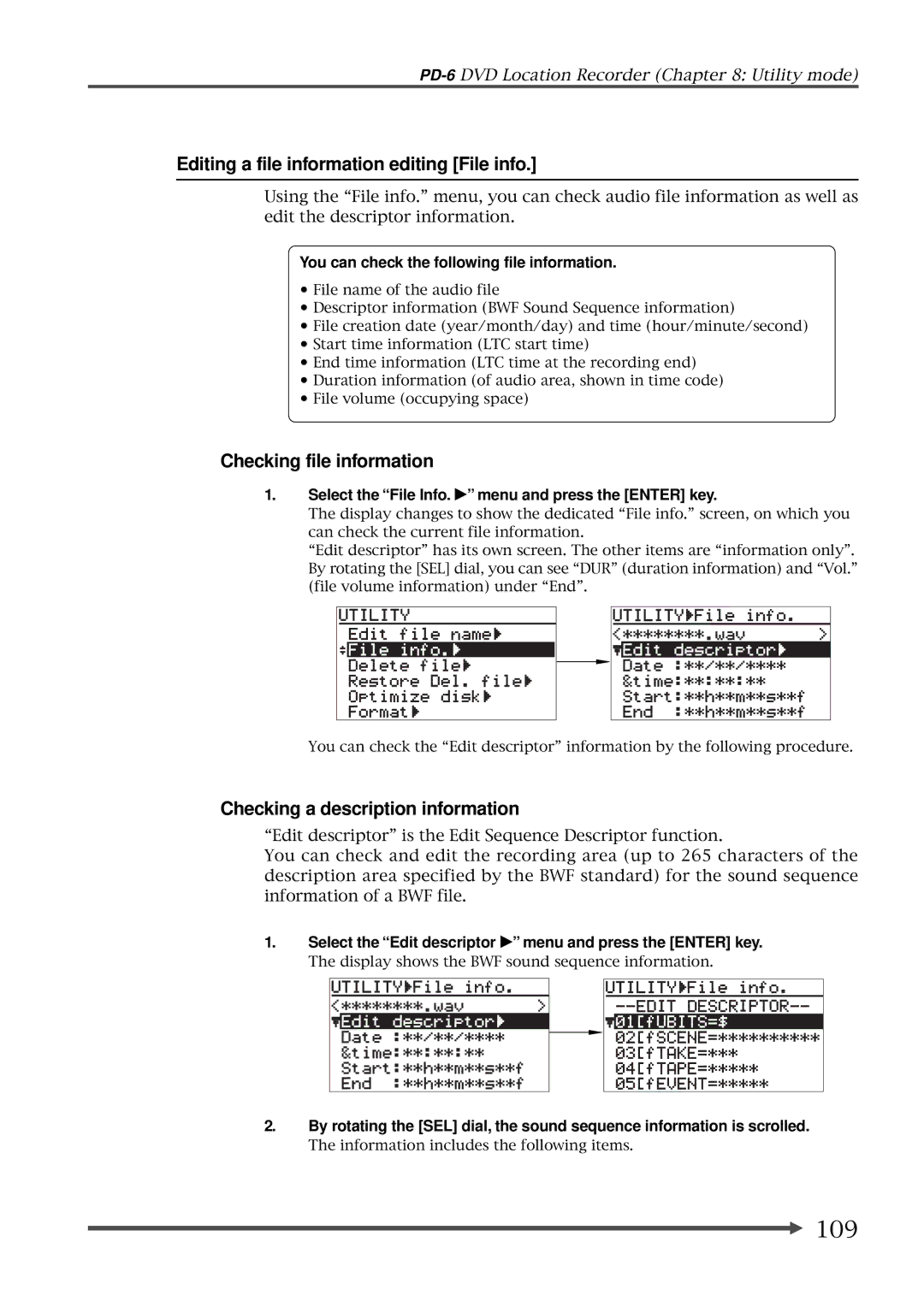 Fostex PD-6 operation manual 109, Editing a file information editing File info, Checking file information 