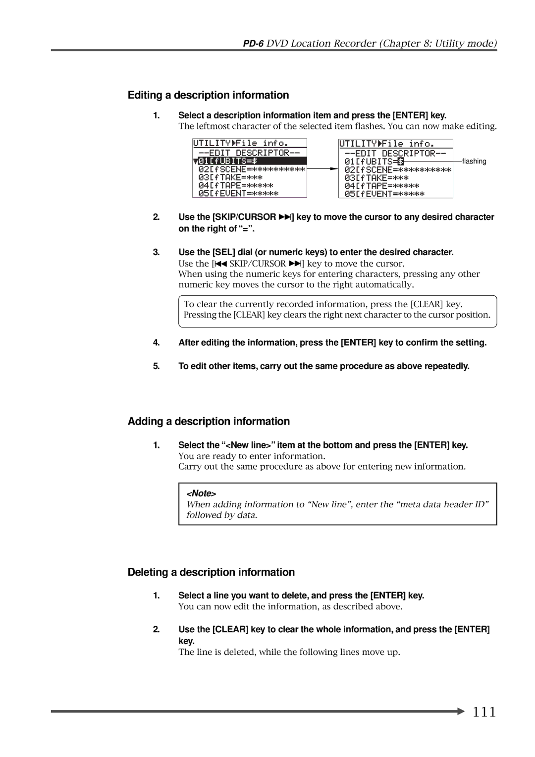 Fostex PD-6 111, Editing a description information, Adding a description information, Deleting a description information 