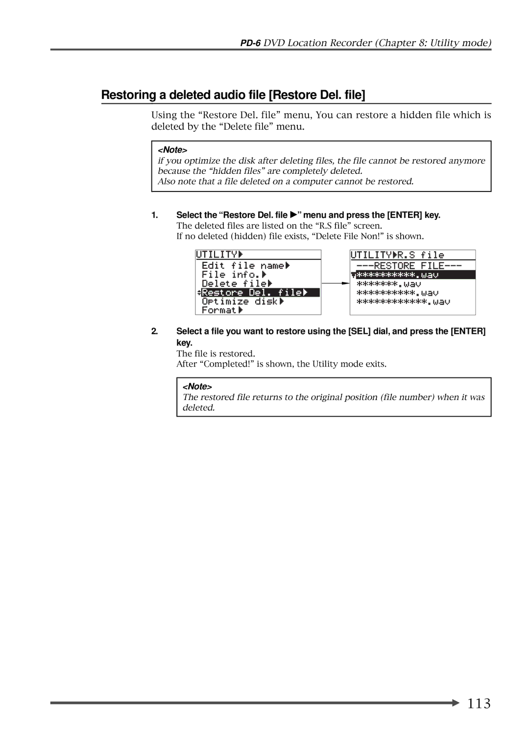 Fostex PD-6 operation manual Restoring a deleted audio file Restore Del. file, 113 