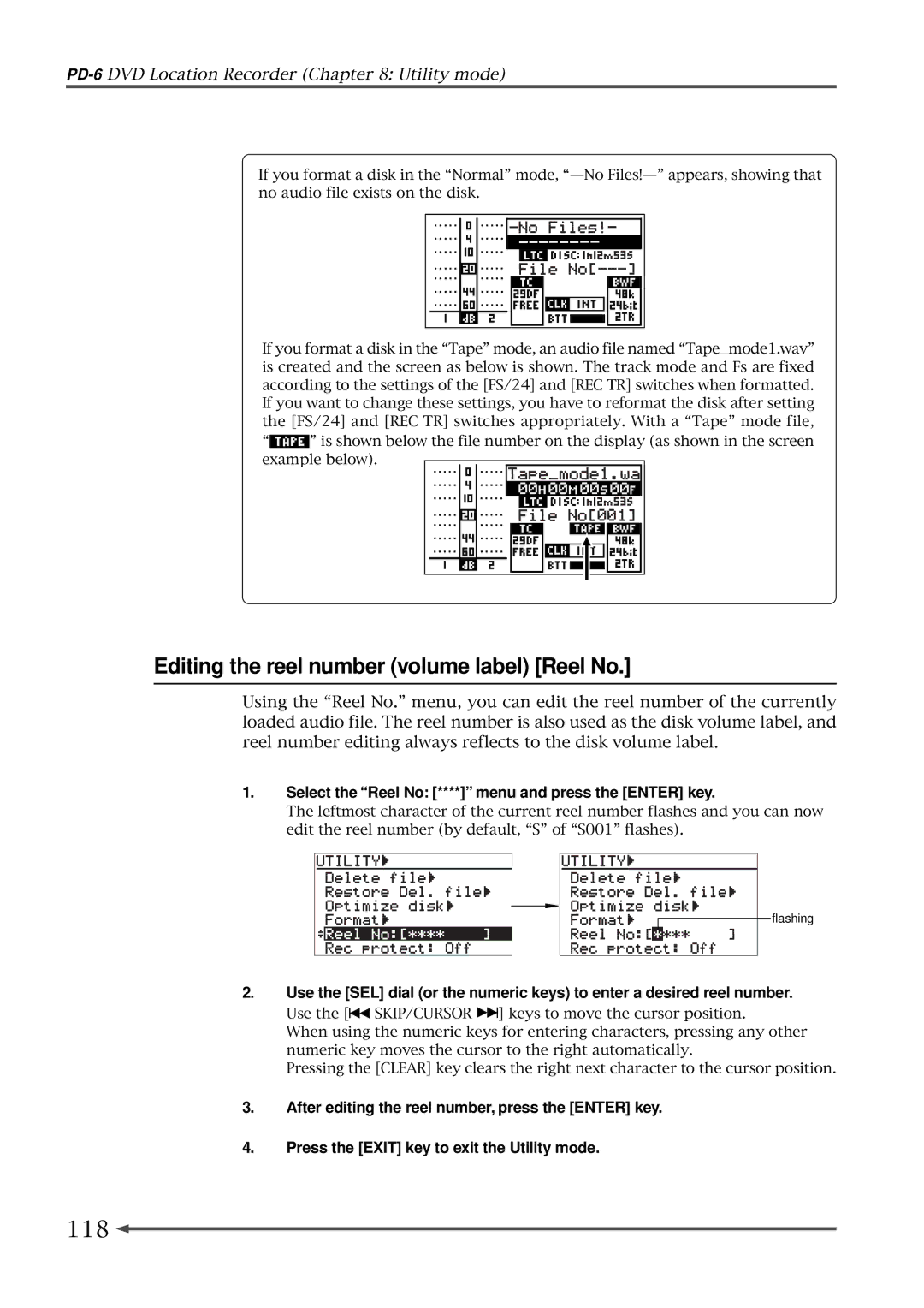 Fostex PD-6 Editing the reel number volume label Reel No, 118, Select the Reel No **** menu and press the Enter key 