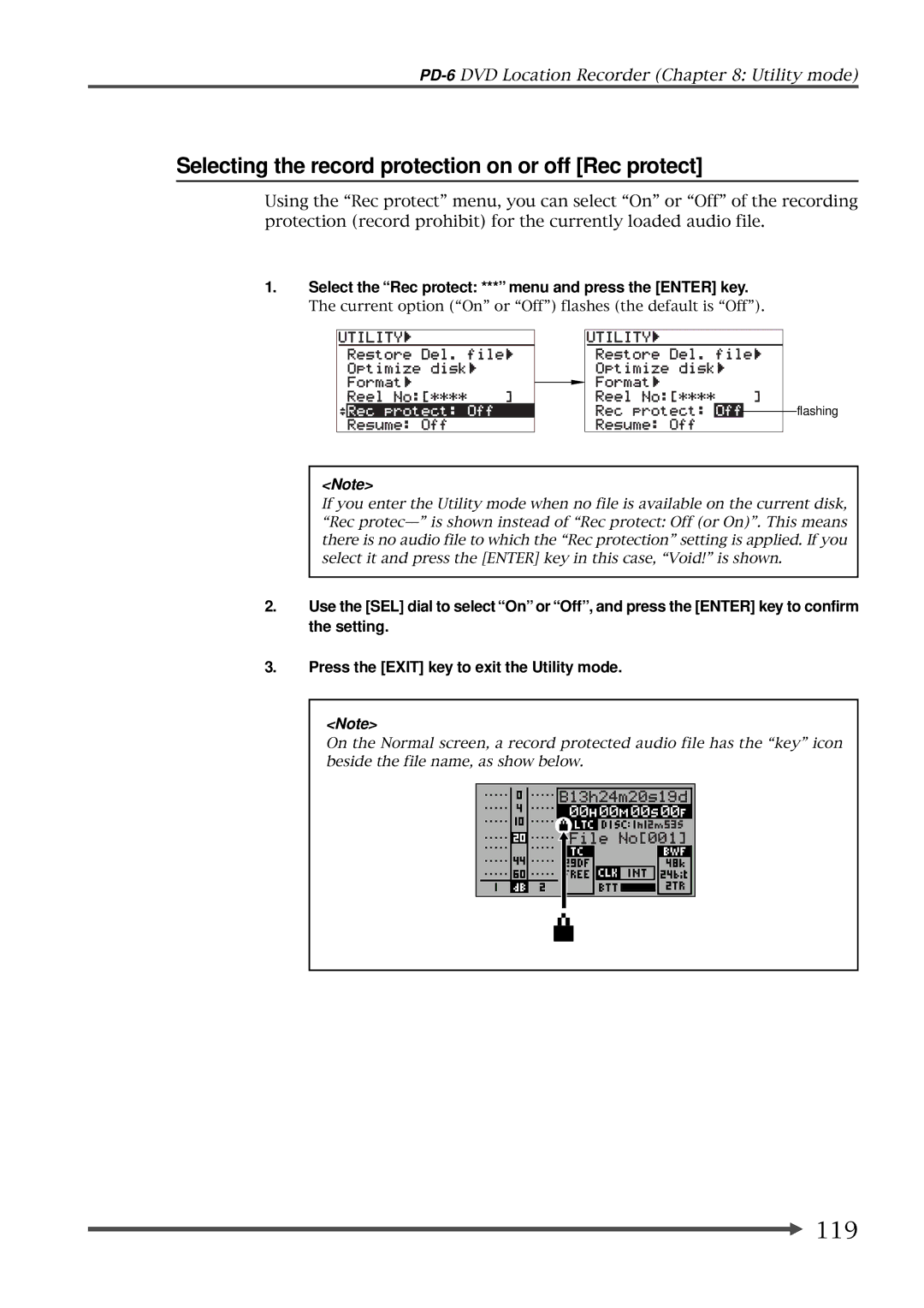 Fostex PD-6 operation manual Selecting the record protection on or off Rec protect, 119 