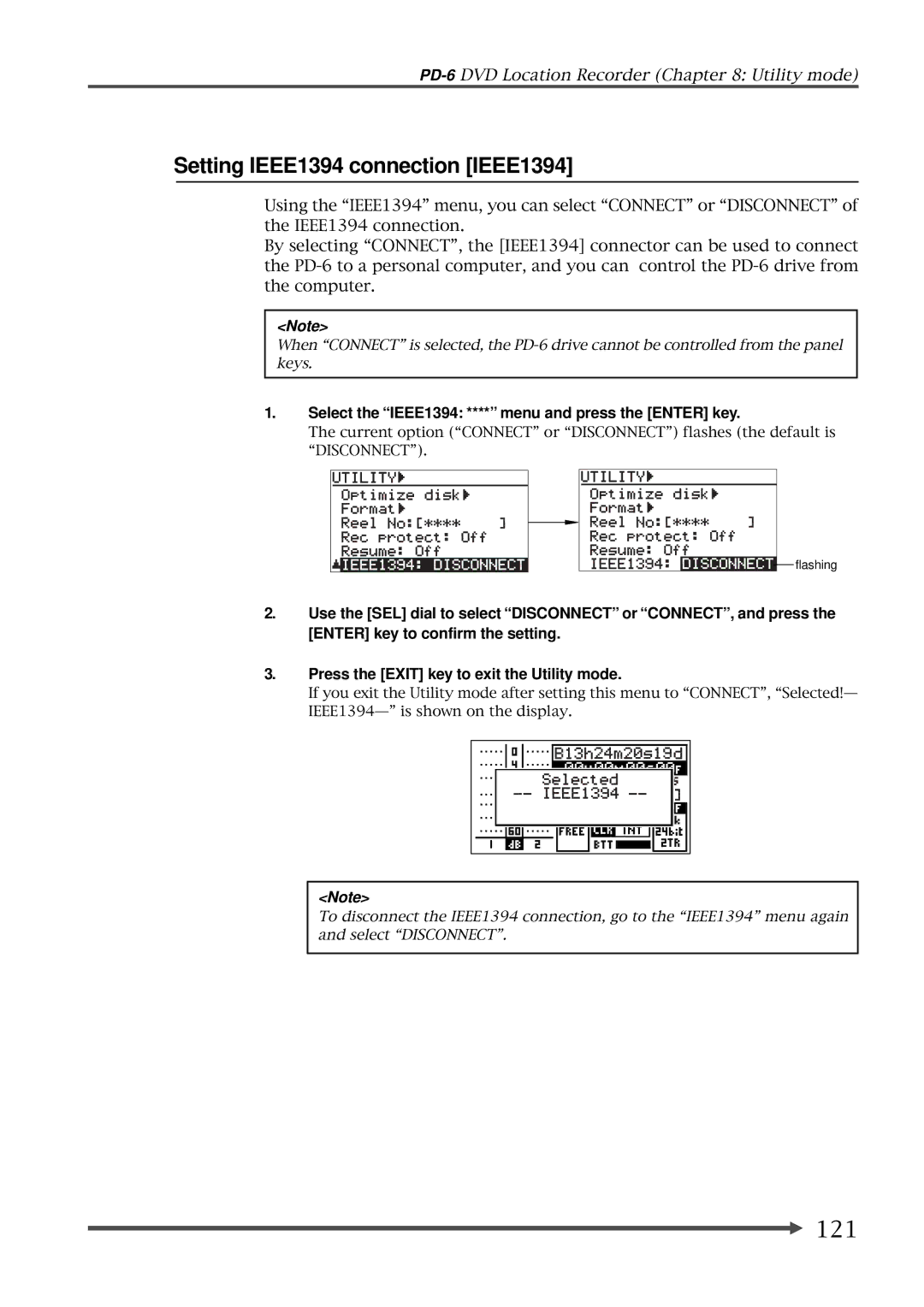 Fostex PD-6 Setting IEEE1394 connection IEEE1394, 121, Select the IEEE1394 **** menu and press the Enter key 