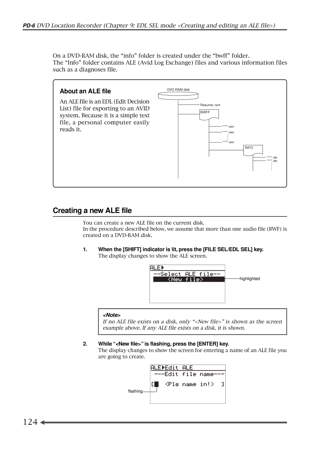 Fostex PD-6 Creating a new ALE file, 124, About an ALE file, While New file is flashing, press the Enter key 