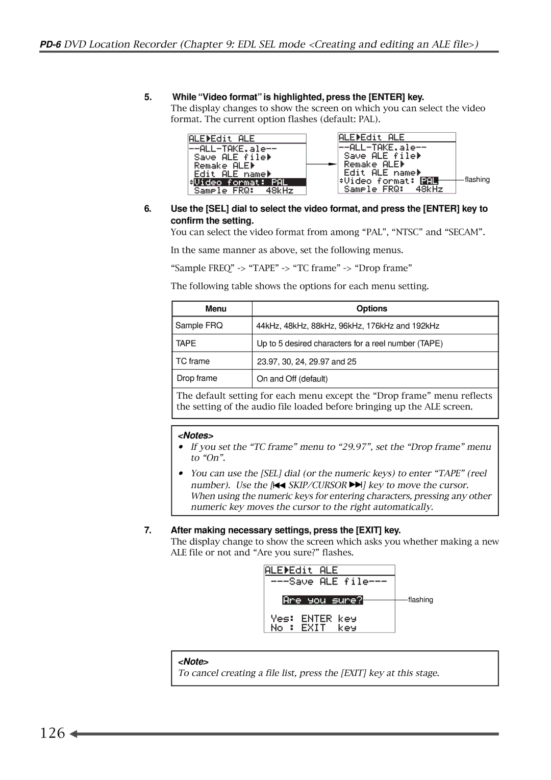 Fostex PD-6 operation manual 126, While Video format is highlighted, press the Enter key, Menu Options 