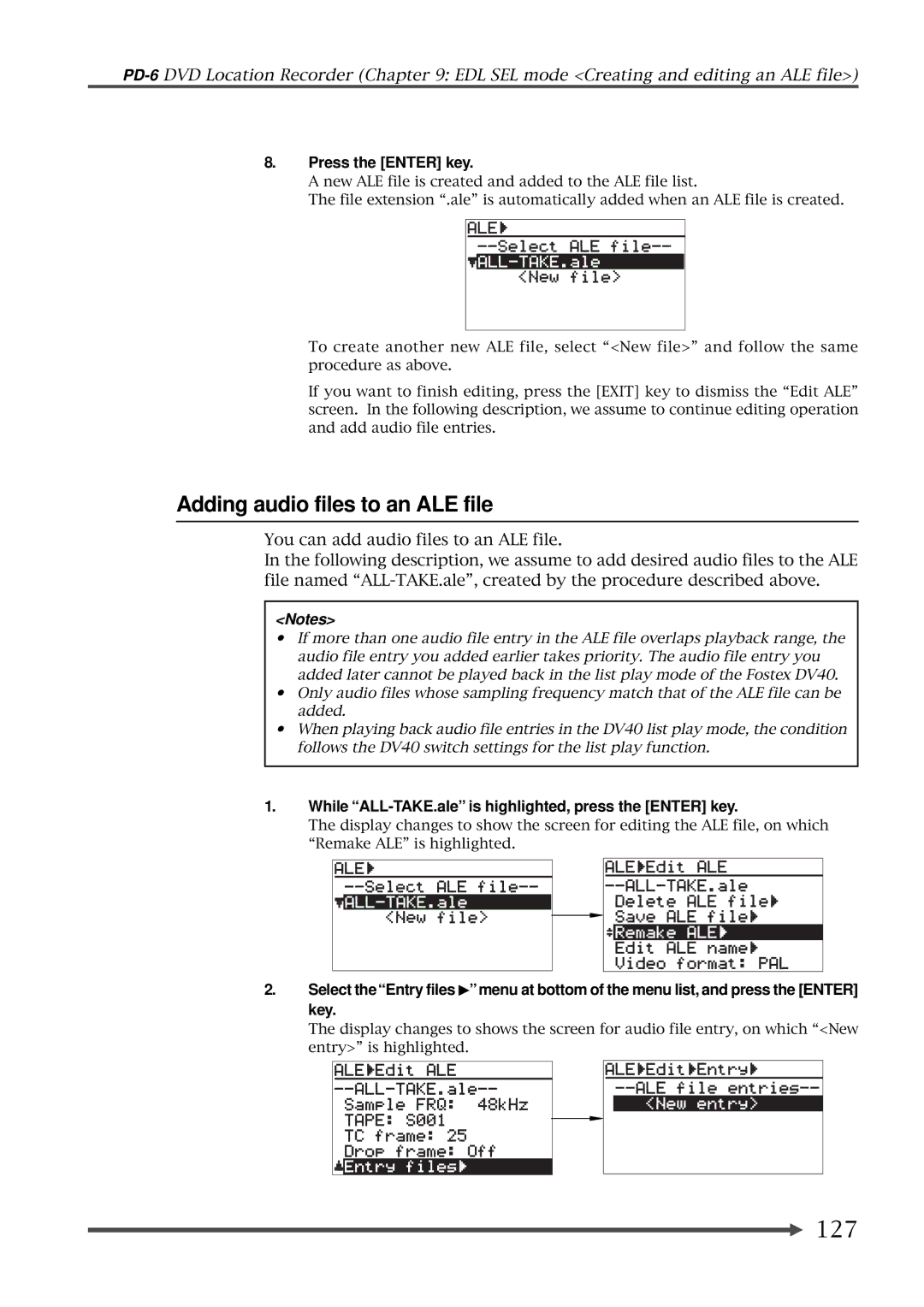 Fostex PD-6 operation manual Adding audio files to an ALE file, 127, While ALL-TAKE.ale is highlighted, press the Enter key 