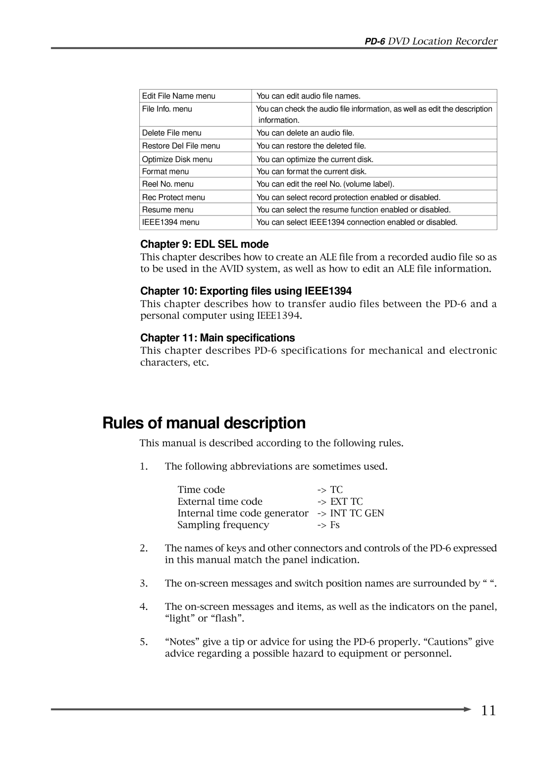 Fostex PD-6 Rules of manual description, EDL SEL mode, Exporting files using IEEE1394, Main specifications, Information 