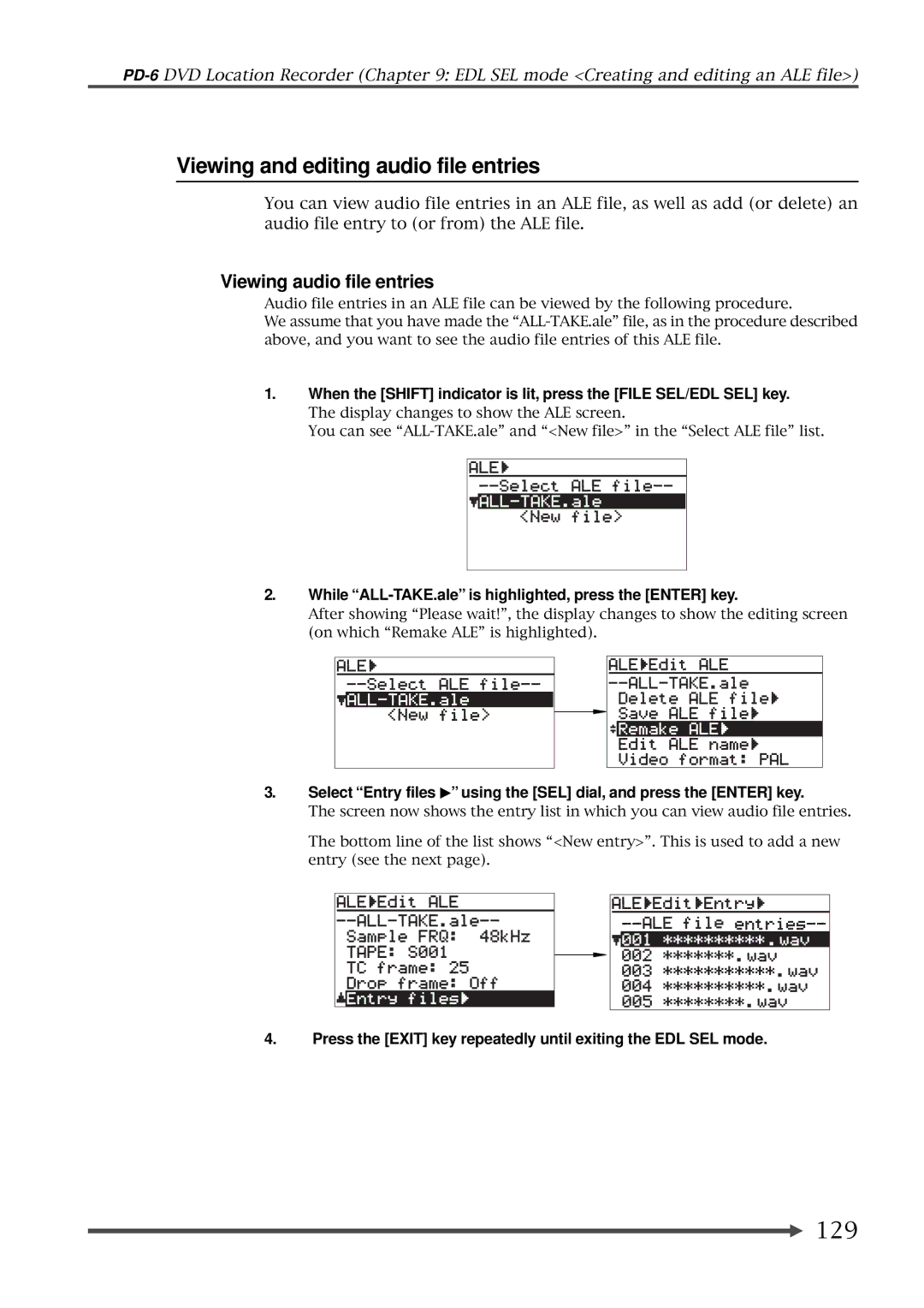 Fostex PD-6 operation manual Viewing and editing audio file entries, 129, Viewing audio file entries 