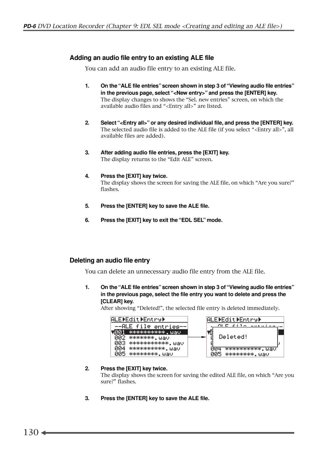 Fostex PD-6 operation manual 130, Adding an audio file entry to an existing ALE file, Deleting an audio file entry 