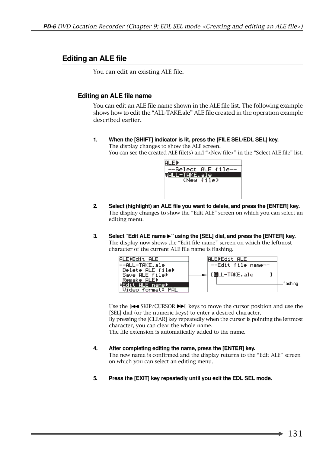 Fostex PD-6 operation manual 131, Editing an ALE file name, After completing editing the name, press the Enter key 